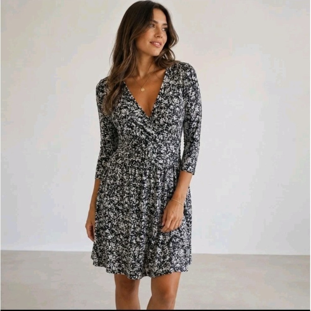 Garnet Hill Navy White Floral Tencel Casual 3/4 Sleeve Knee Length Dress Size L
